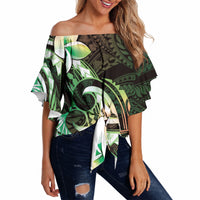 Polynesian Art Tattoo Off Shoulder Wrap Waist Top Plumeria Flowers Green Gradient LT05 - Polynesian Pride