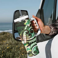 Polynesian Art Tattoo Tumbler With Handle Plumeria Flowers Green Gradient