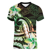 Polynesian Art Tattoo Women V-Neck T-Shirt Plumeria Flowers Green Gradient