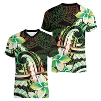 Polynesian Art Tattoo Women V-Neck T-Shirt Plumeria Flowers Green Gradient