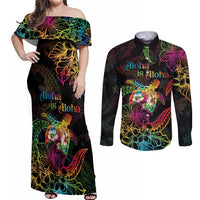 Hawaii Pride Couples Matching Off Shoulder Maxi Dress and Long Sleeve Button Shirt Aloha Is Aloha