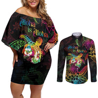 Hawaii Pride Couples Matching Off Shoulder Short Dress and Long Sleeve Button Shirt Aloha Is Aloha