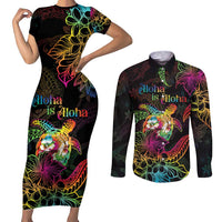 Hawaii Pride Couples Matching Short Sleeve Bodycon Dress and Long Sleeve Button Shirt Aloha Is Aloha