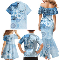 Hawaii Tapa Pattern With Blue Hibiscus Family Matching Mermaid Dress and Hawaiian Shirt