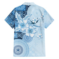 Hawaii Tapa Pattern With Blue Hibiscus Family Matching Off The Shoulder Long Sleeve Dress and Hawaiian Shirt LT05 - Polynesian Pride