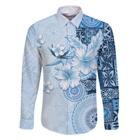 Hawaii Tapa Pattern With Blue Hibiscus Family Matching Off The Shoulder Long Sleeve Dress and Hawaiian Shirt LT05 Dad's Shirt - Long Sleeve Blue - Polynesian Pride