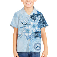 Hawaii Tapa Pattern With Blue Hibiscus Family Matching Off The Shoulder Long Sleeve Dress and Hawaiian Shirt LT05 Son's Shirt Blue - Polynesian Pride