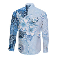 Hawaii Tapa Pattern With Blue Hibiscus Long Sleeve Button Shirt LT05 - Polynesian Pride