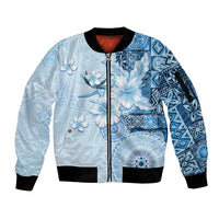 Hawaii Tapa Pattern With Blue Hibiscus Sleeve Zip Bomber Jacket