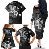 Hawaii Tapa Pattern With Black Hibiscus Family Matching Off The Shoulder Long Sleeve Dress and Hawaiian Shirt LT05 - Polynesian Pride