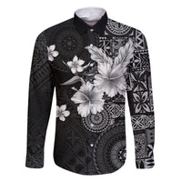 Hawaii Tapa Pattern With Black Hibiscus Family Matching Off The Shoulder Long Sleeve Dress and Hawaiian Shirt LT05 Dad's Shirt - Long Sleeve Black - Polynesian Pride