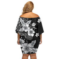 Hawaii Tapa Pattern With Black Hibiscus Off Shoulder Short Dress