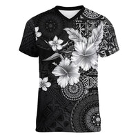 Hawaii Tapa Pattern With Black Hibiscus Women V-Neck T-Shirt