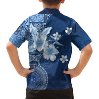 Hawaii Tapa Pattern With Navy Hibiscus Family Matching Off The Shoulder Long Sleeve Dress and Hawaiian Shirt LT05 - Polynesian Pride