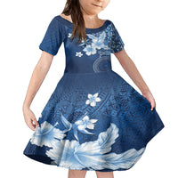 Hawaii Tapa Pattern With Navy Hibiscus Family Matching Off The Shoulder Long Sleeve Dress and Hawaiian Shirt LT05 Daughter's Dress Navy - Polynesian Pride