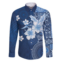 Hawaii Tapa Pattern With Navy Hibiscus Family Matching Off The Shoulder Long Sleeve Dress and Hawaiian Shirt LT05 Dad's Shirt - Long Sleeve Navy - Polynesian Pride