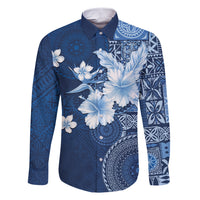 Hawaii Tapa Pattern With Navy Hibiscus Family Matching Short Sleeve Bodycon Dress and Hawaiian Shirt