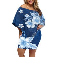 Hawaii Tapa Pattern With Navy Hibiscus Off Shoulder Short Dress