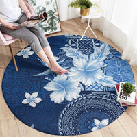 Hawaii Tapa Pattern With Navy Hibiscus Round Carpet LT05 - Polynesian Pride
