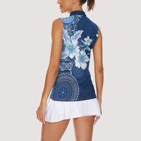 Hawaii Tapa Pattern With Navy Hibiscus Women Sleeveless Polo Shirt
