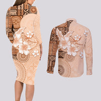 Hawaii Tapa Pattern With Brown Hibiscus Couples Matching Long Sleeve Bodycon Dress and Long Sleeve Button Shirt