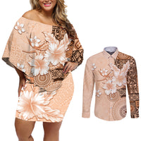 Hawaii Tapa Pattern With Brown Hibiscus Couples Matching Off Shoulder Short Dress and Long Sleeve Button Shirt