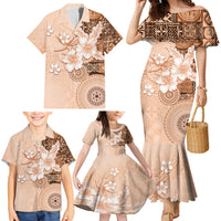 Hawaii Tapa Pattern With Brown Hibiscus Family Matching Mermaid Dress and Hawaiian Shirt