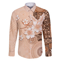 Hawaii Tapa Pattern With Brown Hibiscus Family Matching Off The Shoulder Long Sleeve Dress and Hawaiian Shirt LT05 Dad's Shirt - Long Sleeve Brown - Polynesian Pride