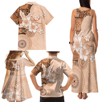 Hawaii Tapa Pattern With Brown Hibiscus Family Matching Tank Maxi Dress and Hawaiian Shirt