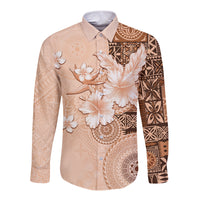 Hawaii Tapa Pattern With Brown Hibiscus Long Sleeve Button Shirt LT05 Unisex Brown - Polynesian Pride