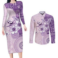 Hawaii Tapa Pattern With Violet Hibiscus Couples Matching Long Sleeve Bodycon Dress and Long Sleeve Button Shirt