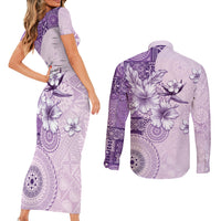 Hawaii Tapa Pattern With Violet Hibiscus Couples Matching Short Sleeve Bodycon Dress and Long Sleeve Button Shirt