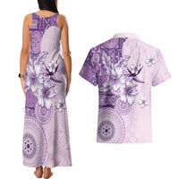 Hawaii Tapa Pattern With Violet Hibiscus Couples Matching Tank Maxi Dress and Hawaiian Shirt