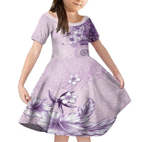 Hawaii Tapa Pattern With Violet Hibiscus Family Matching Off The Shoulder Long Sleeve Dress and Hawaiian Shirt LT05 Daughter's Dress Violet - Polynesian Pride