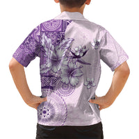 Hawaii Tapa Pattern With Violet Hibiscus Family Matching Short Sleeve Bodycon Dress and Hawaiian Shirt LT05 - Polynesian Pride
