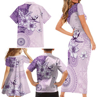 Hawaii Tapa Pattern With Violet Hibiscus Family Matching Short Sleeve Bodycon Dress and Hawaiian Shirt LT05 - Polynesian Pride