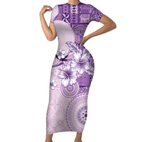 Hawaii Tapa Pattern With Violet Hibiscus Family Matching Short Sleeve Bodycon Dress and Hawaiian Shirt LT05 Mom's Dress Violet - Polynesian Pride