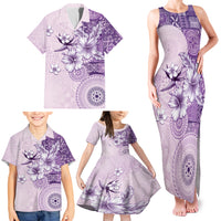 Hawaii Tapa Pattern With Violet Hibiscus Family Matching Tank Maxi Dress and Hawaiian Shirt