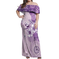 Hawaii Tapa Pattern With Violet Hibiscus Off Shoulder Maxi Dress