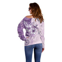 Hawaii Tapa Pattern With Violet Hibiscus Off Shoulder Sweater