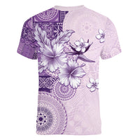 Hawaii Tapa Pattern With Violet Hibiscus Women V-Neck T-Shirt LT05 - Polynesian Pride