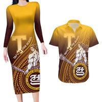 Personalized Tafuna High School Couples Matching Long Sleeve Bodycon Dress and Hawaiian Shirt Polynesian Warrior