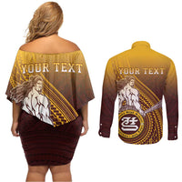Personalized Tafuna High School Couples Matching Off Shoulder Short Dress and Long Sleeve Button Shirt Polynesian Warrior LT05 - Polynesian Pride