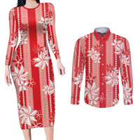 Hawaii Kakau Tribal Couples Matching Long Sleeve Bodycon Dress and Long Sleeve Button Shirt With Red Tiare