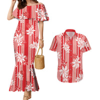 Hawaii Kakau Tribal Couples Matching Mermaid Dress and Hawaiian Shirt With Red Tiare
