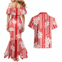 Hawaii Kakau Tribal Couples Matching Mermaid Dress and Hawaiian Shirt With Red Tiare