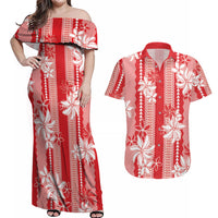 Hawaii Kakau Tribal Couples Matching Off Shoulder Maxi Dress and Hawaiian Shirt With Red Tiare