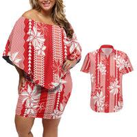 Hawaii Kakau Tribal Couples Matching Off Shoulder Short Dress and Hawaiian Shirt With Red Tiare