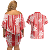 Hawaii Kakau Tribal Couples Matching Off Shoulder Short Dress and Hawaiian Shirt With Red Tiare