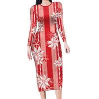 Hawaii Kakau Tribal Family Matching Long Sleeve Bodycon Dress and Hawaiian Shirt With Red Tiare